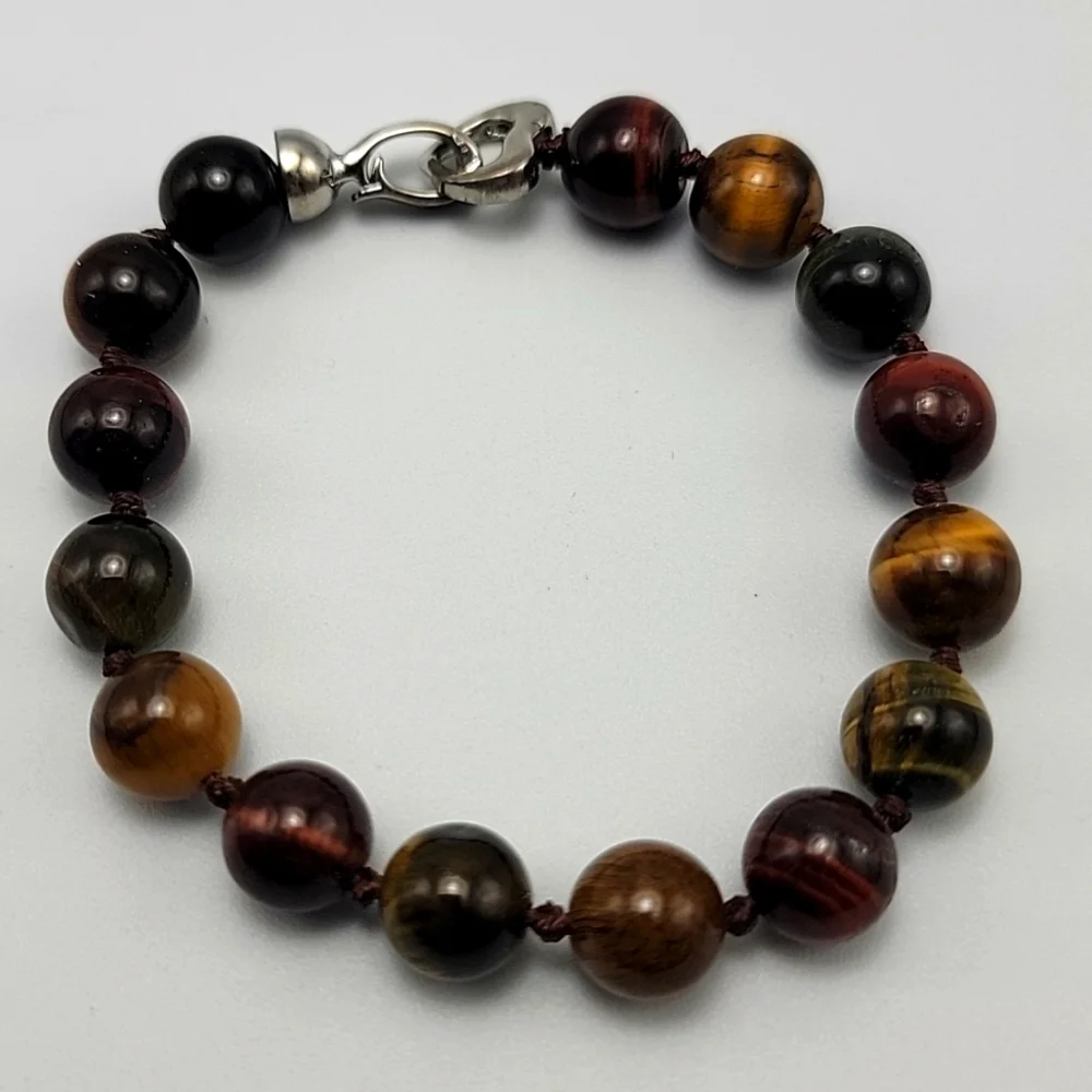 Gold Green Red 10mm Tiger Eye Beaded Bracelet Hand Knotted Silver Tone Clasp